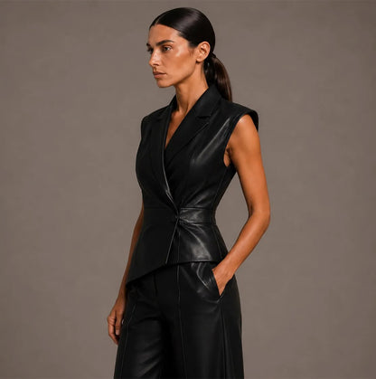 Modern Asymmetric Tailored Leather Vest Set