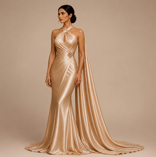 Champagne Satin Cape Evening Gown