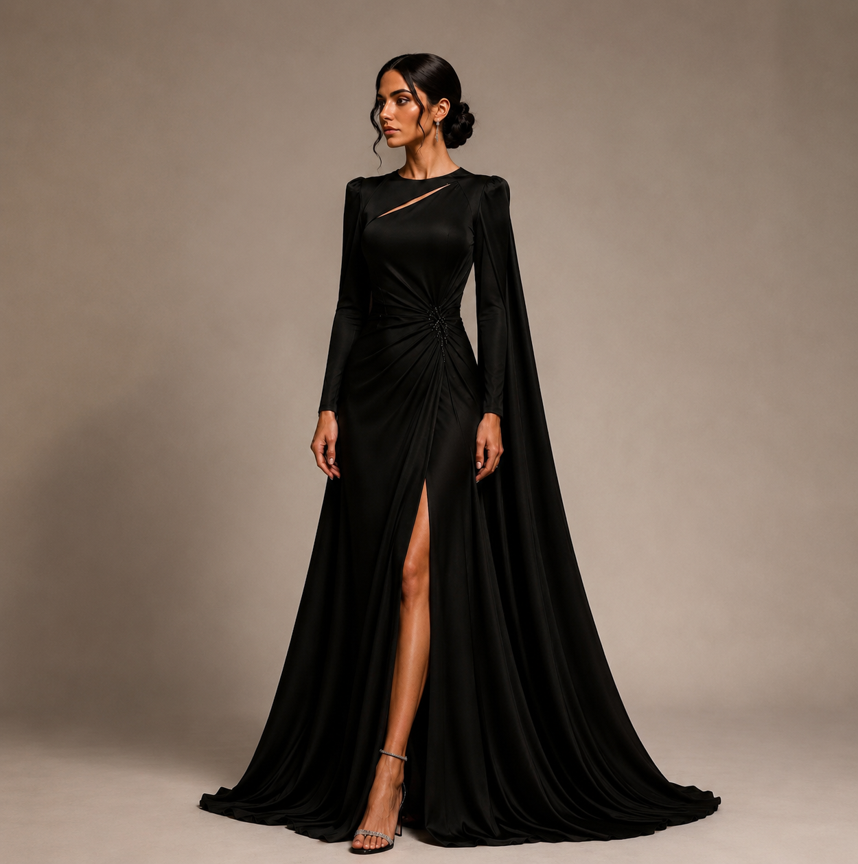 Black Satin Cape Evening Gown