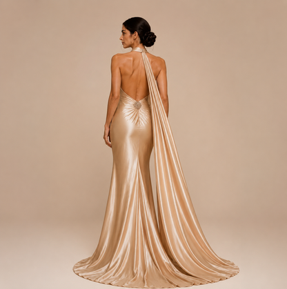 Champagne Satin Cape Evening Gown