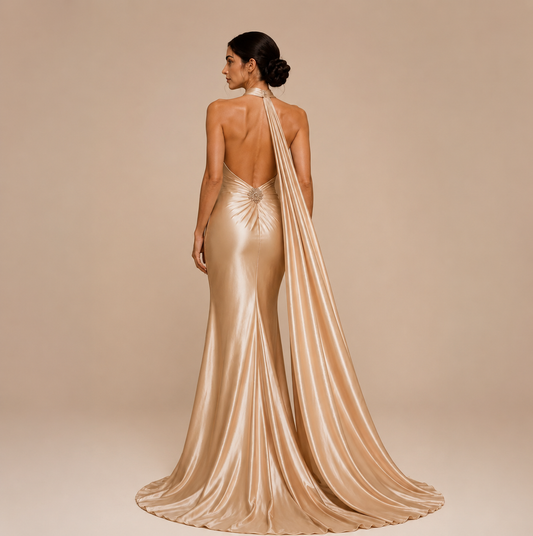 Champagne Satin Cape Evening Gown