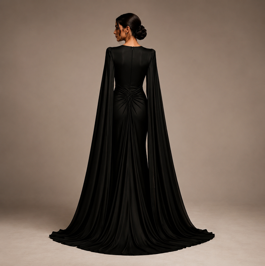 Black Satin Cape Evening Gown
