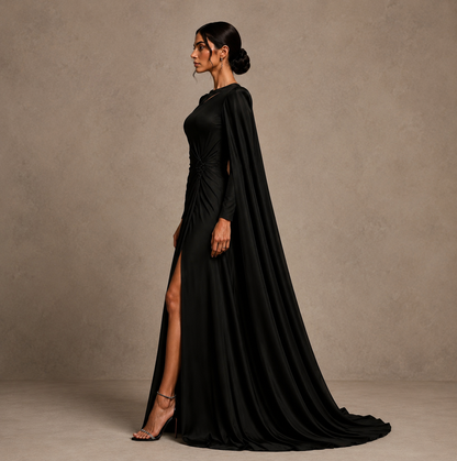 Black Satin Cape Evening Gown