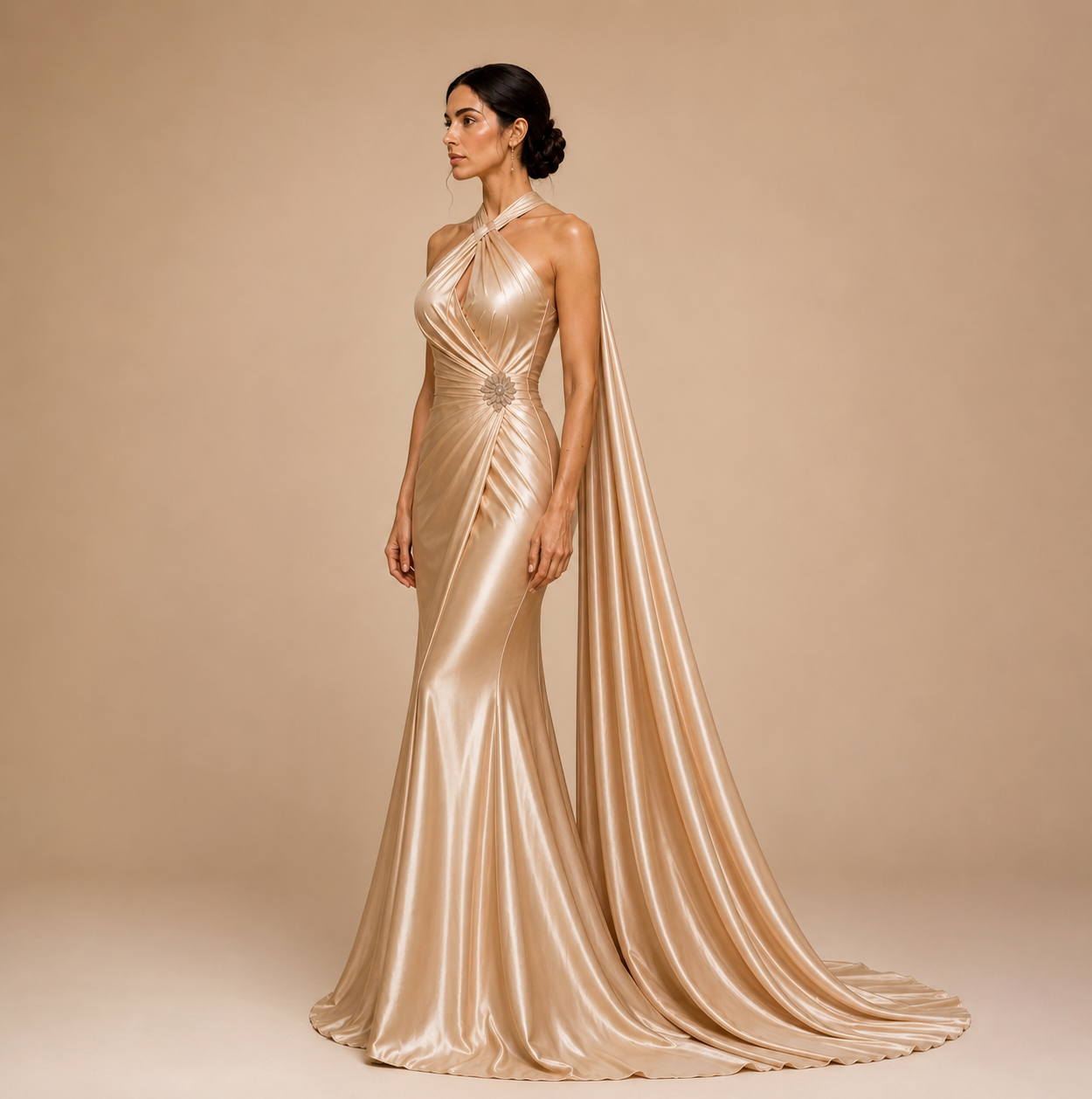 Champagne Satin Cape Evening Gown