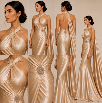 Champagne Satin Cape Evening Gown