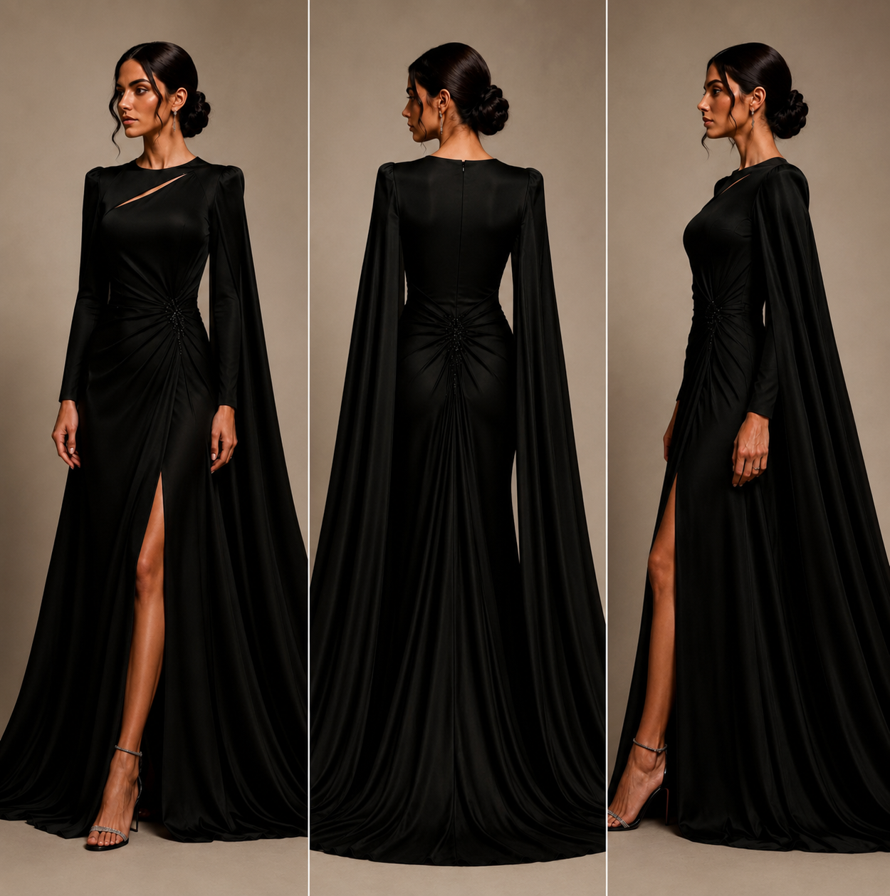 Black Satin Cape Evening Gown