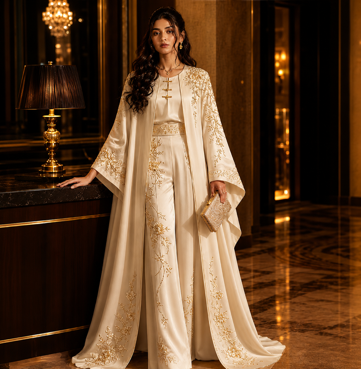 KDS Ivory Pearl Embroidered Abaya Set
