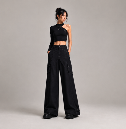 Urban Noir Asymmetrical Crop Top & Wide-Leg Cargo Pants Set
