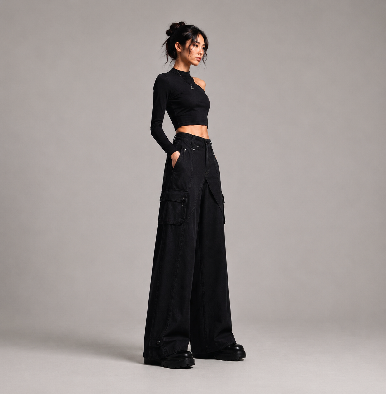 Urban Noir Asymmetrical Crop Top & Wide-Leg Cargo Pants Set