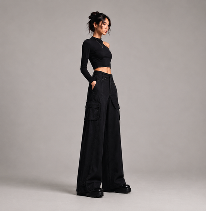 Urban Noir Asymmetrical Crop Top & Wide-Leg Cargo Pants Set