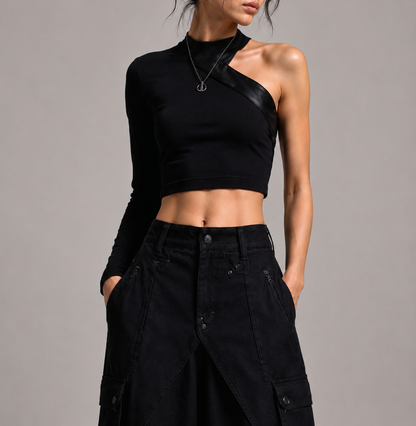 Urban Noir Asymmetrical Crop Top & Wide-Leg Cargo Pants Set
