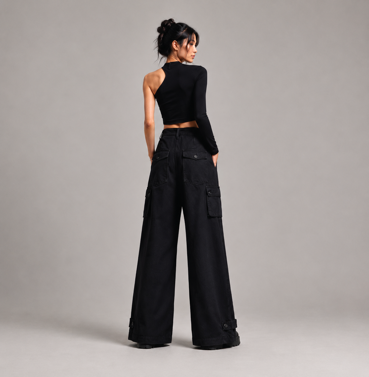 Urban Noir Asymmetrical Crop Top & Wide-Leg Cargo Pants Set