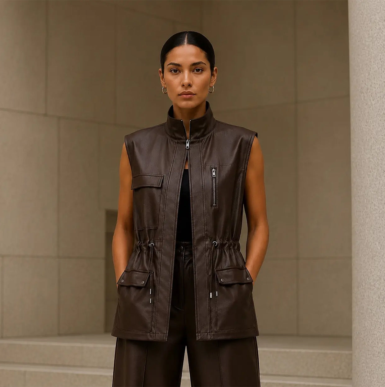 Modern Utility Longline Leather Vest Set
