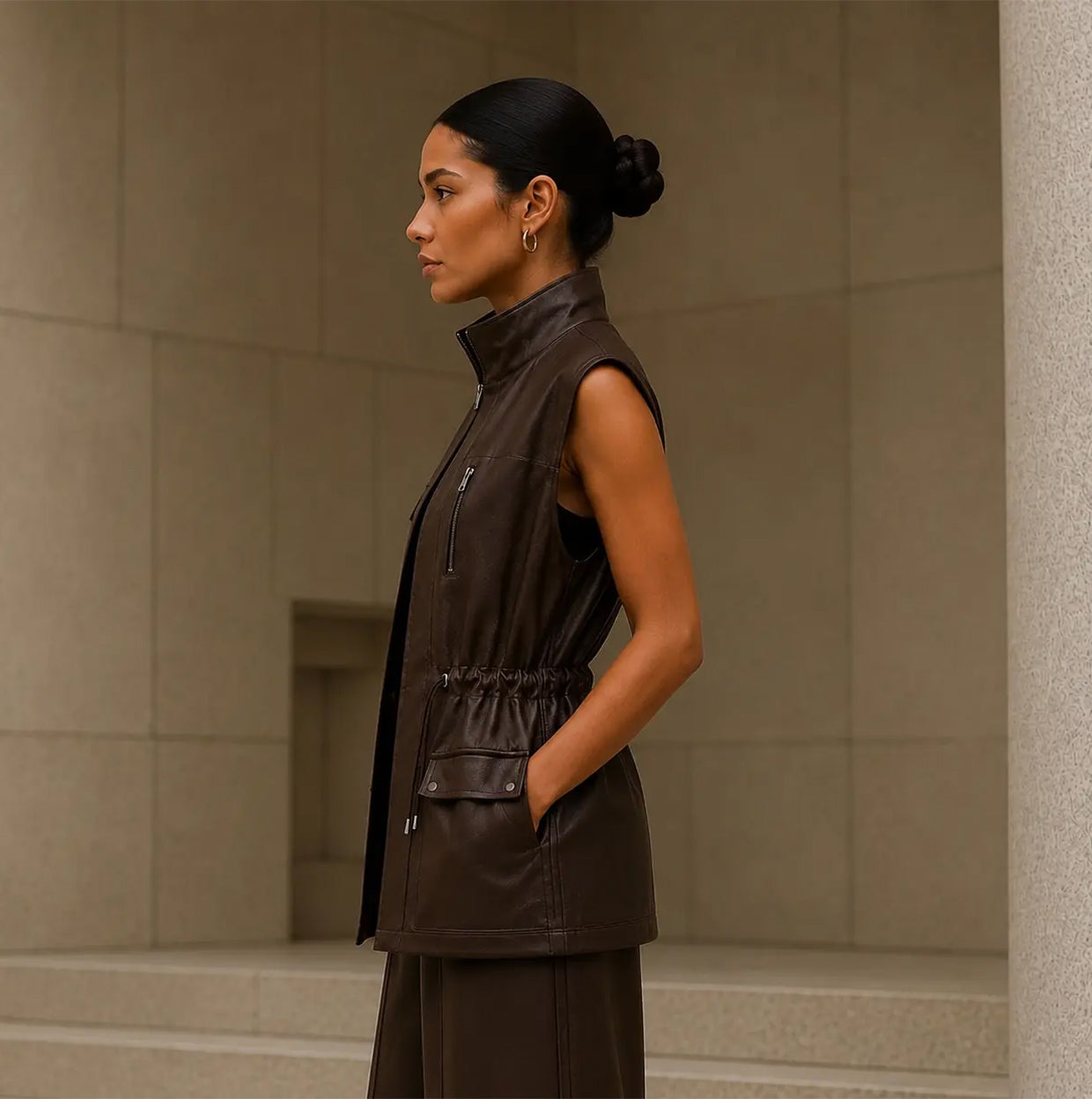 Modern Utility Longline Leather Vest Set